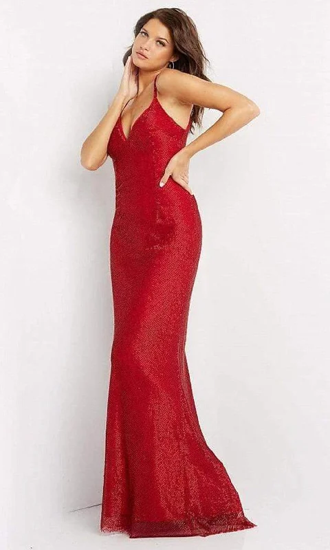 Women's Elegant Clothing Sets Jovani - 05057 V Neck Shiny Sheath Gown