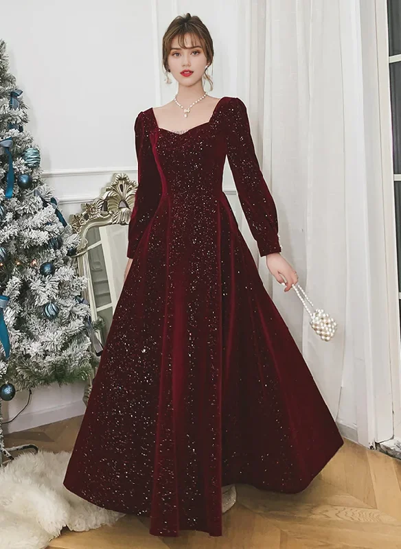 Chic Clothes For Women Velvet Long Sleeves A-line Long Formal Dress Prom Dresses Wedding Guest Party Dresses