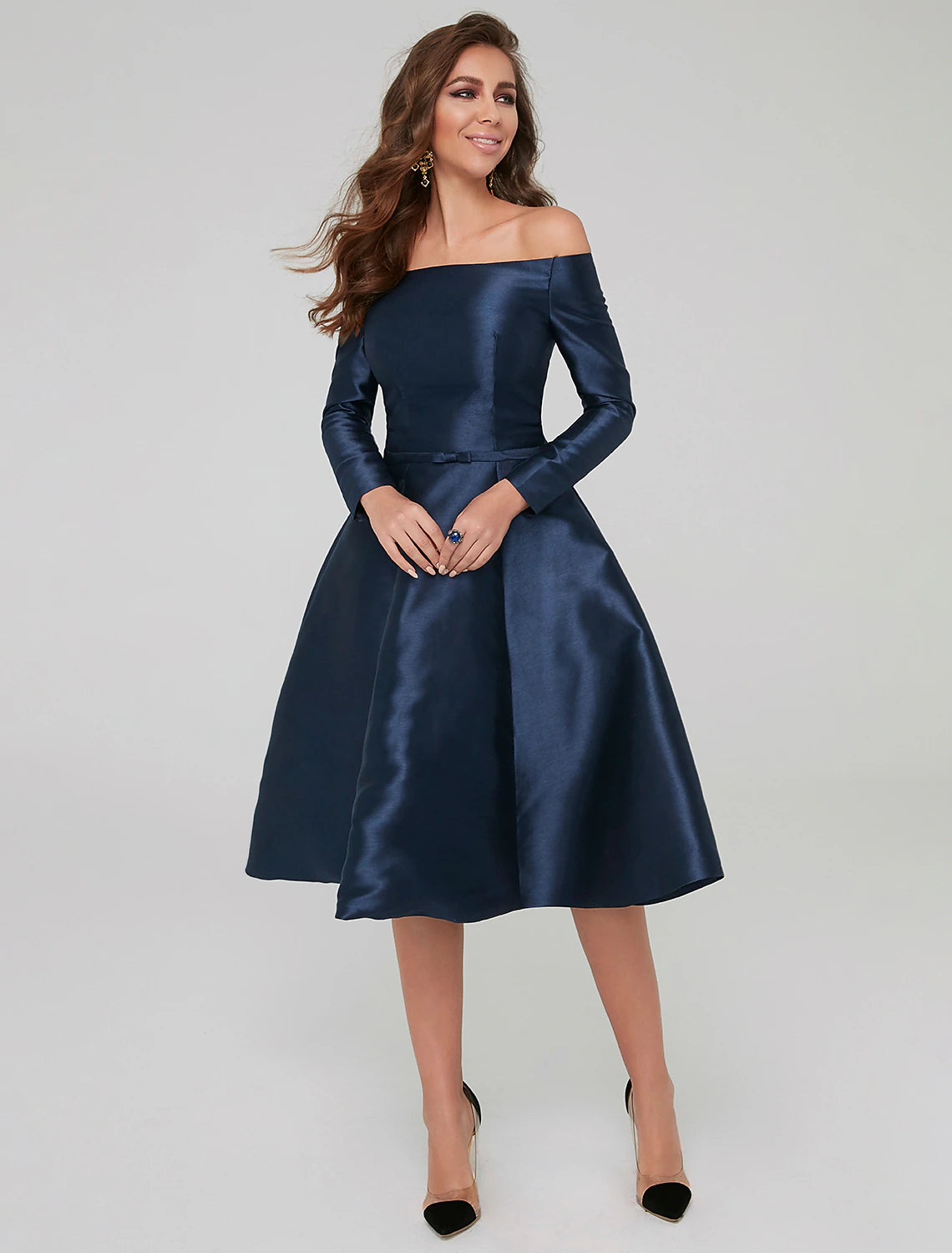 Women's High-Fashion Clothes A-Line Special Occasion Dresses Elegant Dress Wedding Guest Cocktail Party Knee Length Long Sleeve Off Shoulder Satin with Pleats