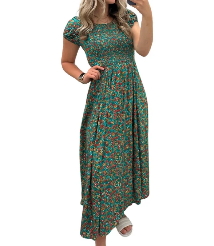 Women's Night-Out Outfit Puff Sleeve Floral Dress In Jungle Green