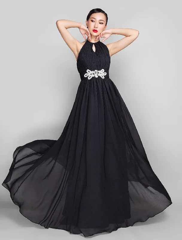 Women's Trendy Clothing A-Line Open Back Keyhole Formal Evening Wedding Party Military Ball Dress High Neck Sleeveless Floor Length Chiffon with Beading