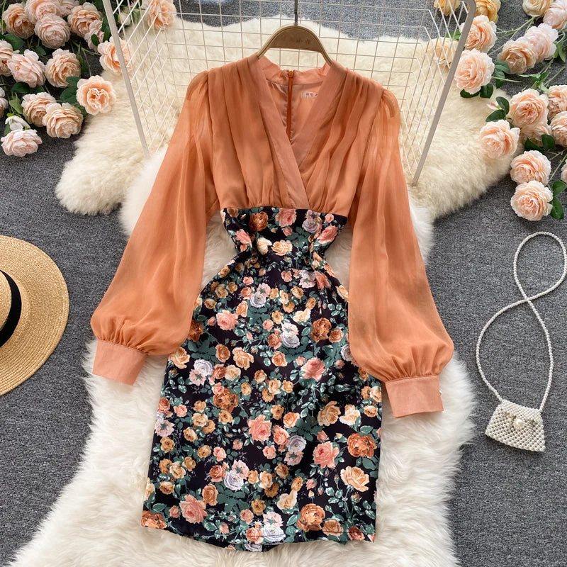 Women's Plus-Size Clothes Elegant tulle floral dress long sleeve fashion dress   S18