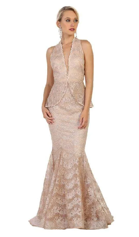 Women's Plus-Size Garments May Queen - Scalloped Plunging Halter V-Neck Mermaid Gown RQ7608 - 1 pc Champagne In Size 18 Available