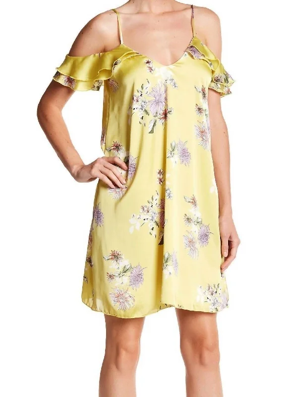 Women's Classic Outfit Boho Floral Shift Ruffle Strappy Dress In Yellow