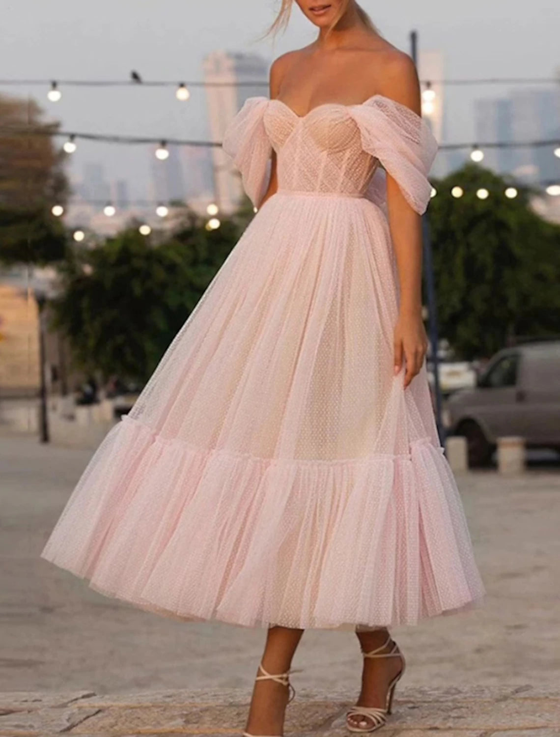 Women's Clothing For Travel A-Line Prom Dresses Princess Dress Wedding Guest Homecoming Ankle Length Short Sleeve Strapless Pink Dress Tulle with Ruched