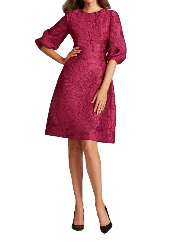 Modern Women's Outfit Floral Jacquard Balloon Sleeve Dress In Ruby