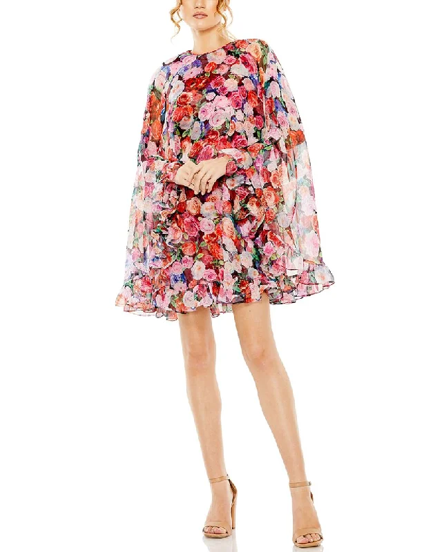 Women's Plus-Size Apparel Mac Duggal Floral Print High-Neck Ruffle Hem Cape Mini Dress