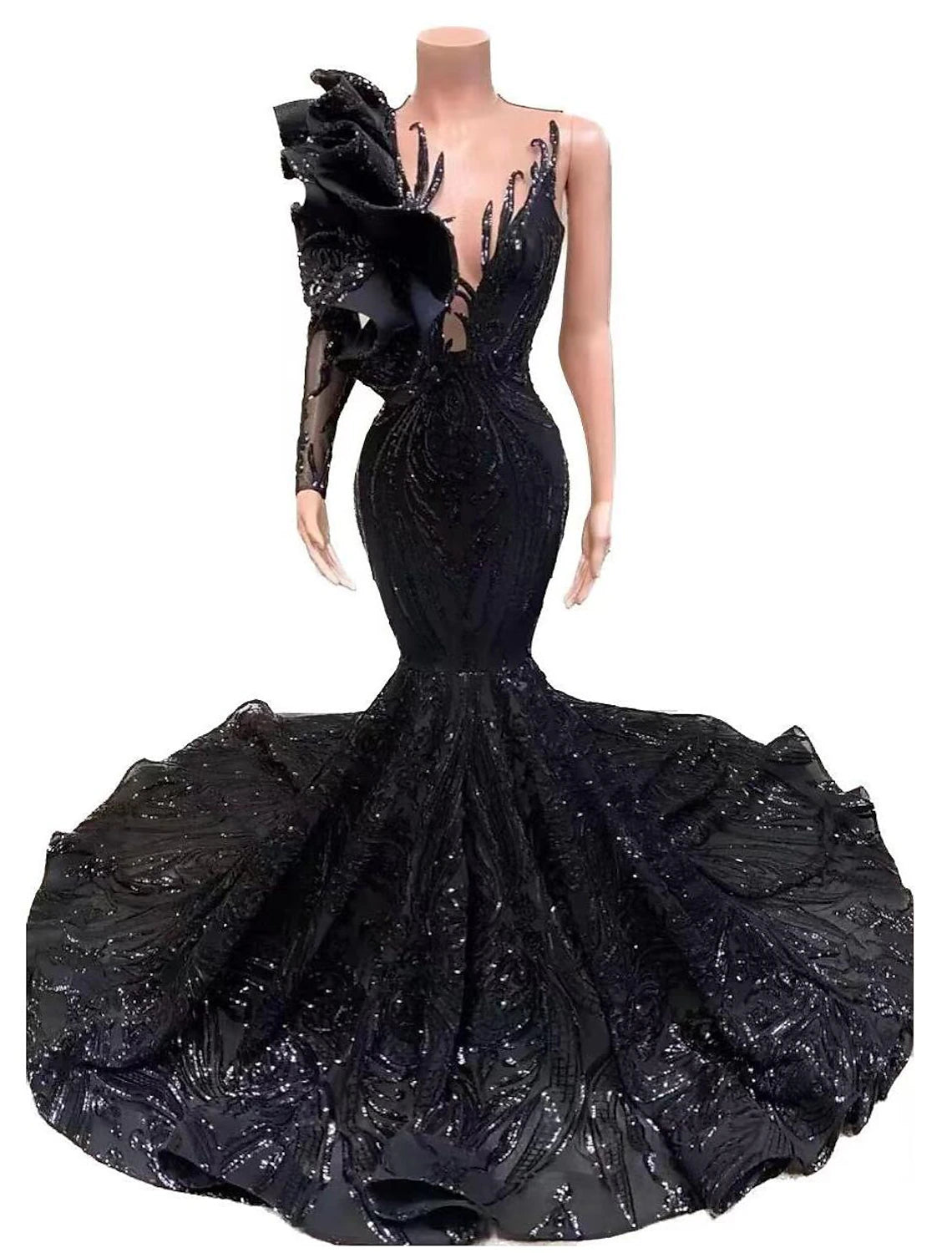 Affordable Women's Clothing Mermaid / Trumpet Evening Gown Floral Dress Carnival Formal Chapel Train Long Sleeve One Shoulder African American Sequined with Sequin