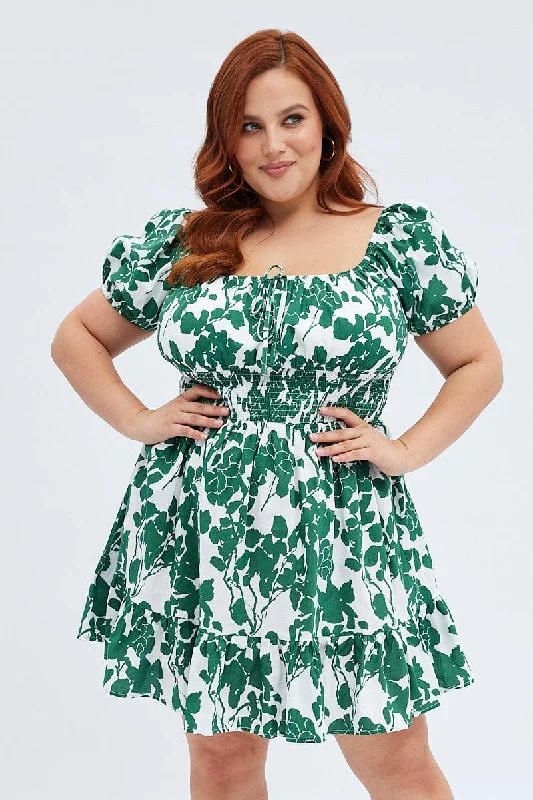 Women's Contemporary Clothing Green Floral Fit And Flare Dress Short Sleeve