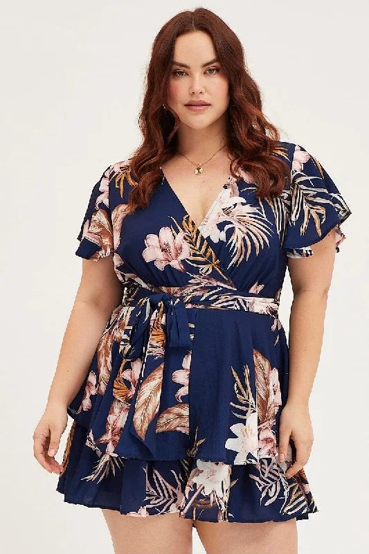 Comfortable Lounge Clothing Floral Print Mini Playsuit Short Sleeve