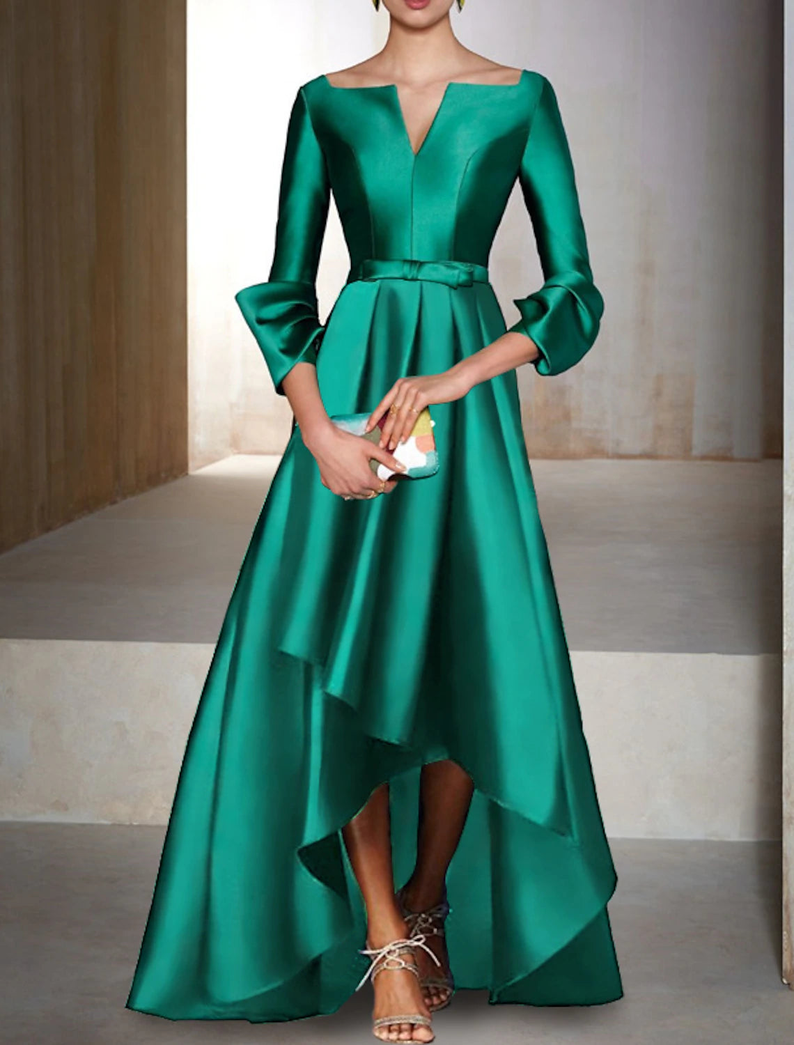 Stylish And Comfortable Clothing For Women A-Line Evening Gown Elegant Dress Red Green Dress Formal Wedding Guest Floor Length 3/4 Length Sleeve V Neck Satin with Bow(s)