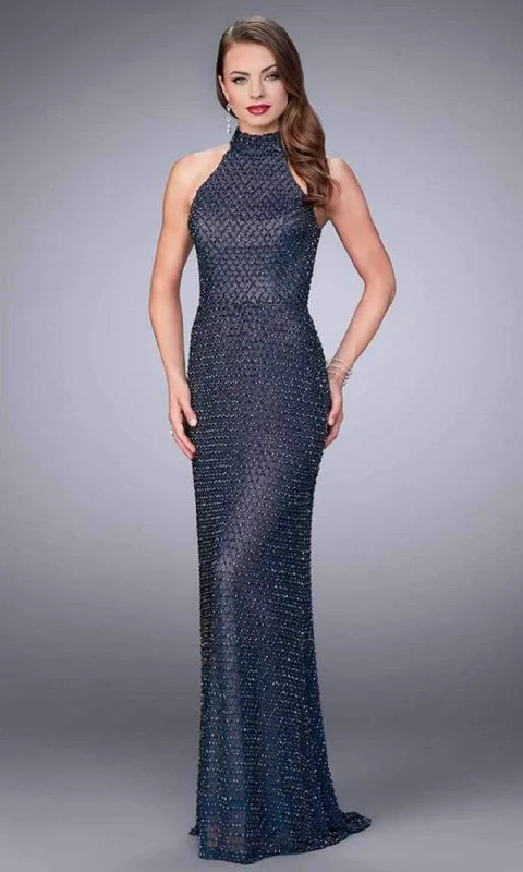 Affordable Women's Clothing La Femme - Beaded Sleeveless Racerback Sheath Gown 24258SC - 1 pc Navy In Size 2 Available