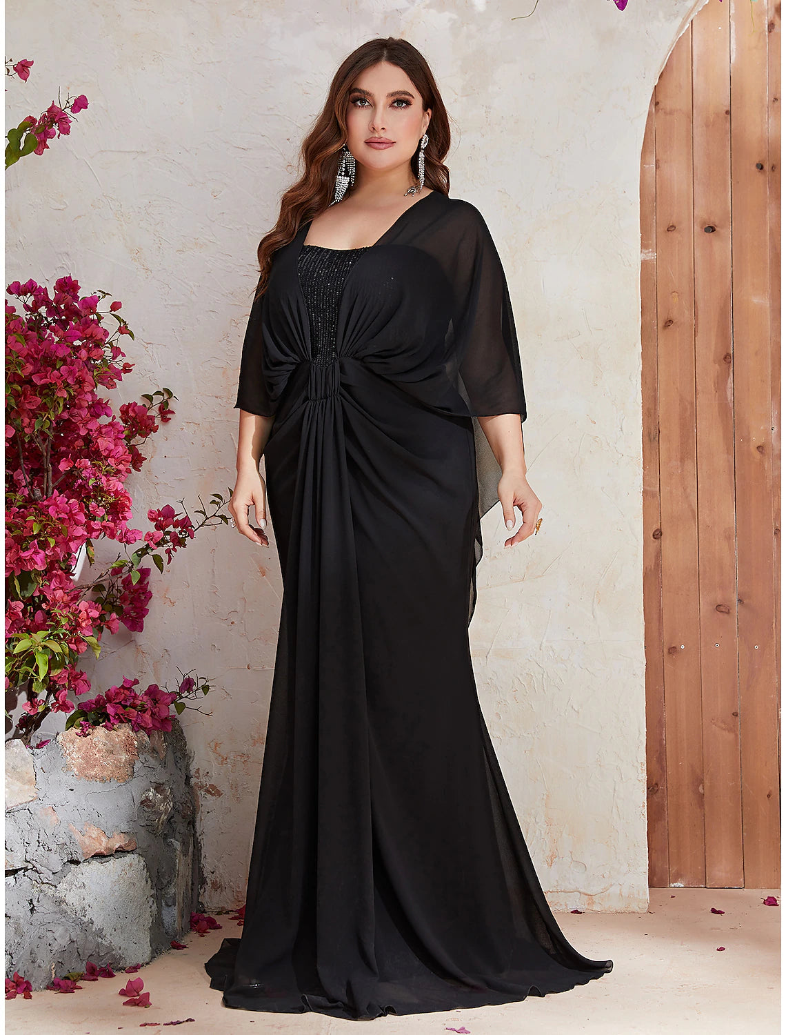 Casual Garments For Women Mermaid / Trumpet Wedding Guest Dresses Plus Size Dress Formal Evening Party Sweep / Brush Train Long Sleeve V Neck Polyester with Sequin Shawl