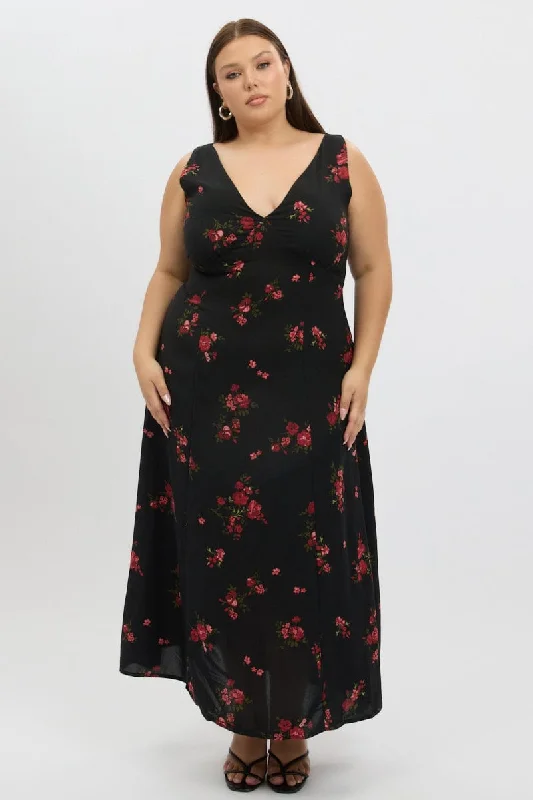 Elegant Women's Evening Garments Red Floral Maxi Dress Sleeveless V-Neck