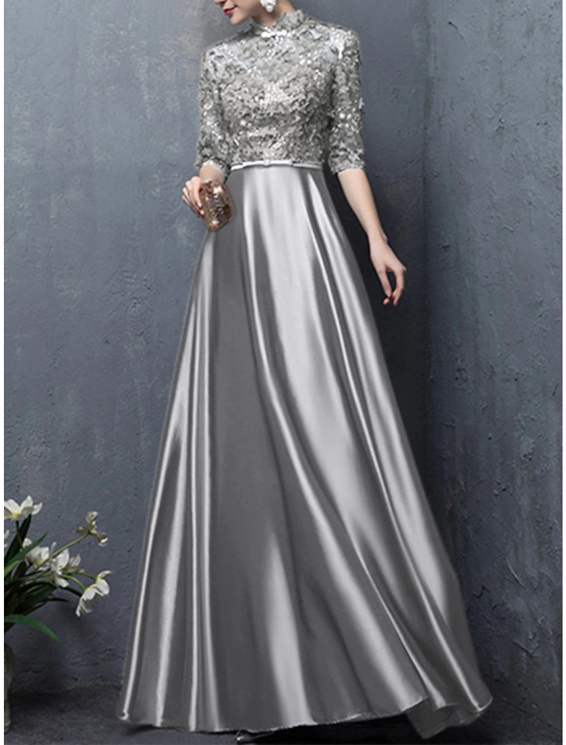 Women's Chic Apparel A-Line Mother of the Bride Dress Wedding Guest Vintage Elegant High Neck Floor Length Satin Half Sleeve with Bow(s) Appliques Fall