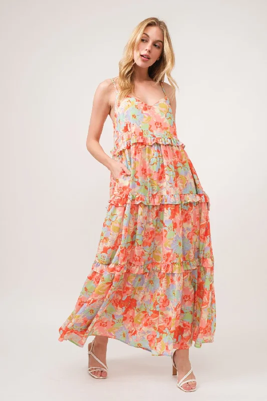 Stylish Women's Garments For Holidays Floral Ruffled Tiered Maxi Dress