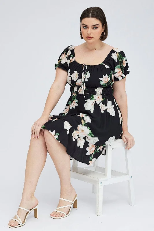 Women's Seasonal Clothing Black Floral Mini Dress Short Sleeve Gathered Bust