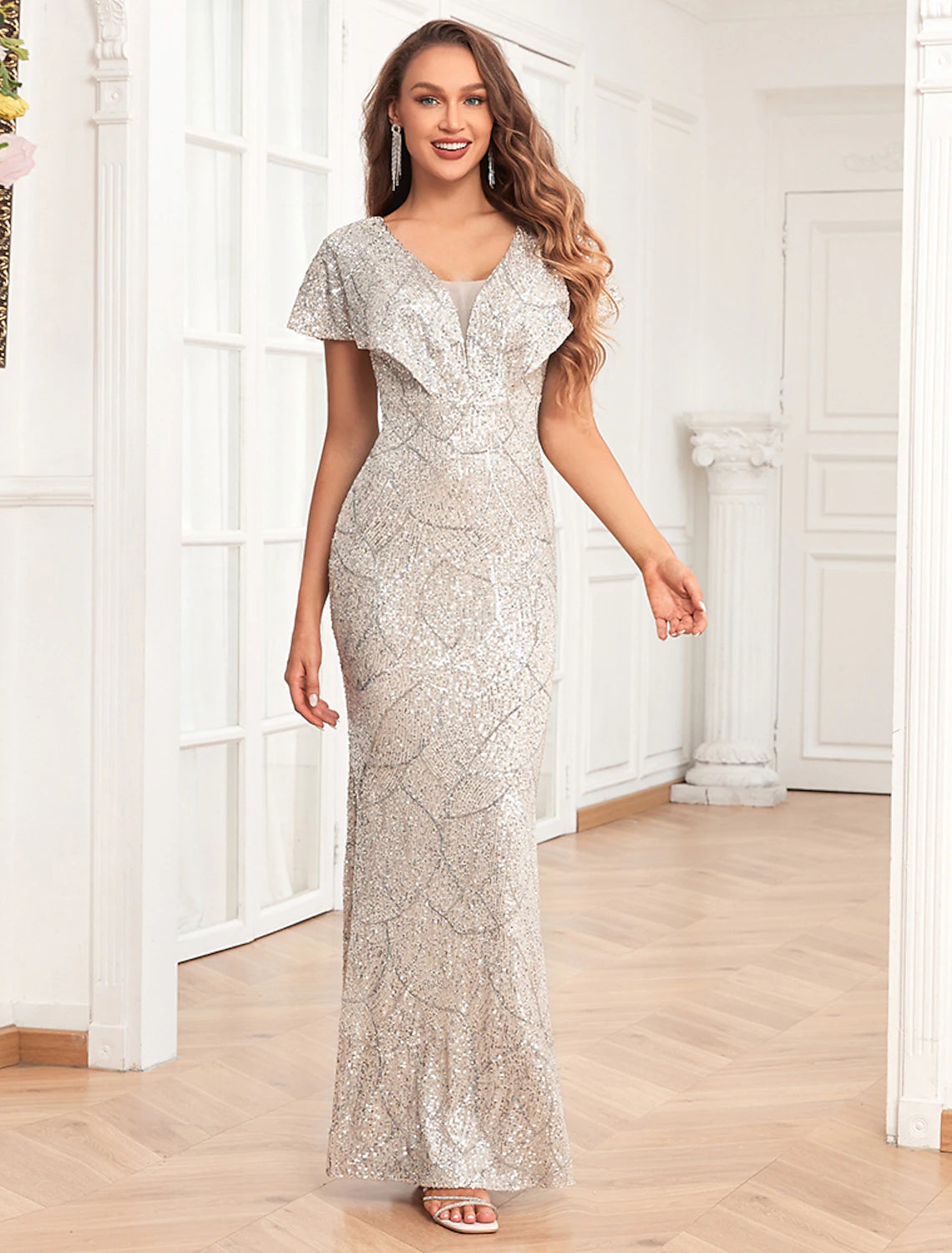 Comfortable Garments For Women Mermaid / Trumpet Evening Gown Elegant Dress Evening Party Prom Floor Length Short Sleeve V Neck Fall Wedding Reception Sequined V Back with Sequin