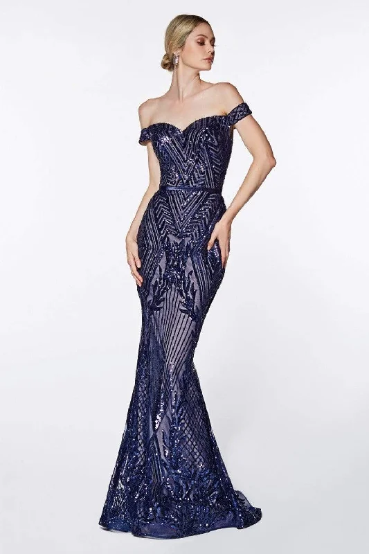 Vintage Clothing For Women Cinderella Divine - CB0039 Sparkly Geomtric Sequin Off-Shoulder Evening Gown - 1 pc Navy in Size 16 Available