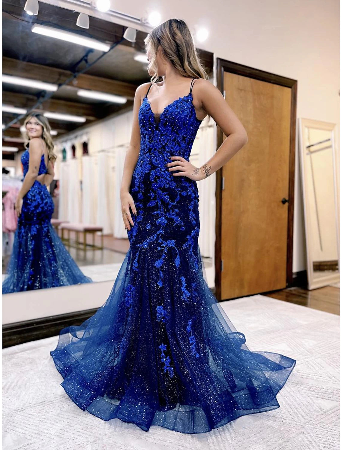 Chic Clothing For Women Mermaid / Trumpet Prom Dresses Sparkle & Shine Dress Formal Wedding Party Court Train Sleeveless V Neck Tulle Backless with Glitter Beading Appliques