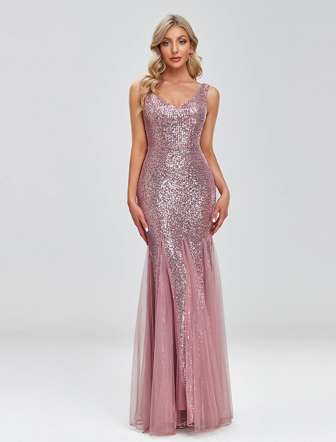 Formal Attire For Women Mermaid / Trumpet Evening Gown Sparkle Dress Wedding Guest Formal Evening Floor Length Sleeveless V Neck Tulle V Back with Sequin Splicing