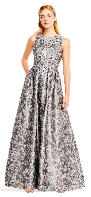 Women's Comfortable Lounge Garments Aidan Mattox - Bedazzled Jewel Brocade Pleated Evening Gown MD1E201399 - 1 pc Silver Grey in Size 0 Available