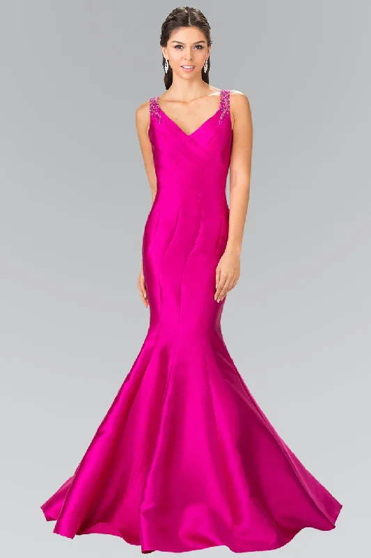 Women's Trendy Attire Elizabeth K GL2212 Sculpted V-Neck Mikado Trumpet Gown in Magenta