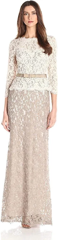 Women's Elegant Evening Attire Adrianna Papell - 81907760 Quarter Sleeve Lace Gown - 1 pc Ivory Taupe in Size 8 Available