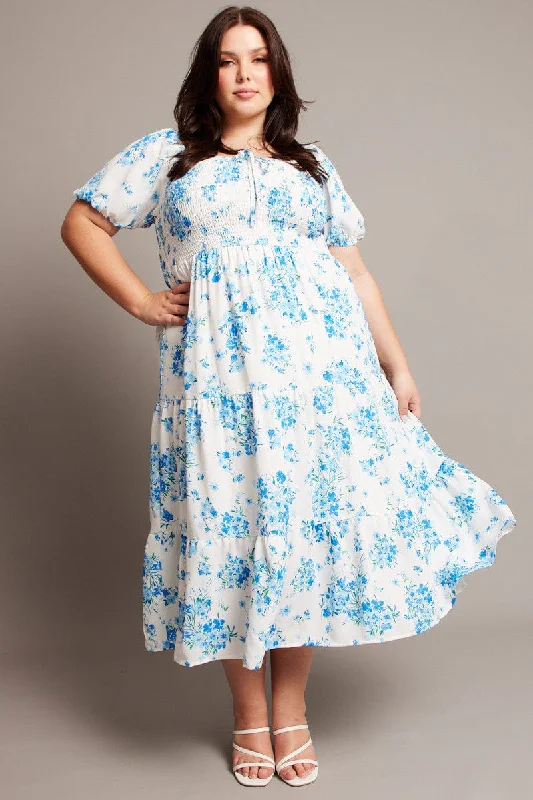 Women's Trendy Attire Blue Floral Midi Dress Short Sleeve Shirred