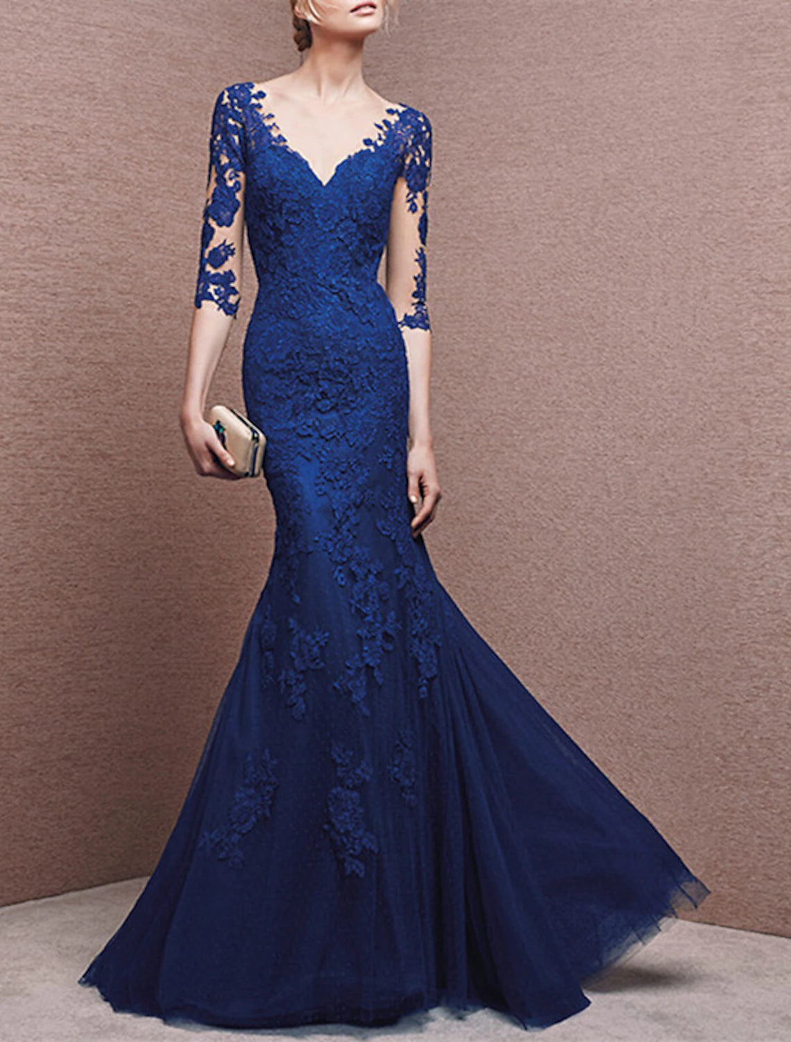 Women's Seasonal Attire Mermaid / Trumpet Evening Gown Elegant Dress Formal Wedding Guest Floor Length Half Sleeve V Neck Tulle with Buttons Appliques