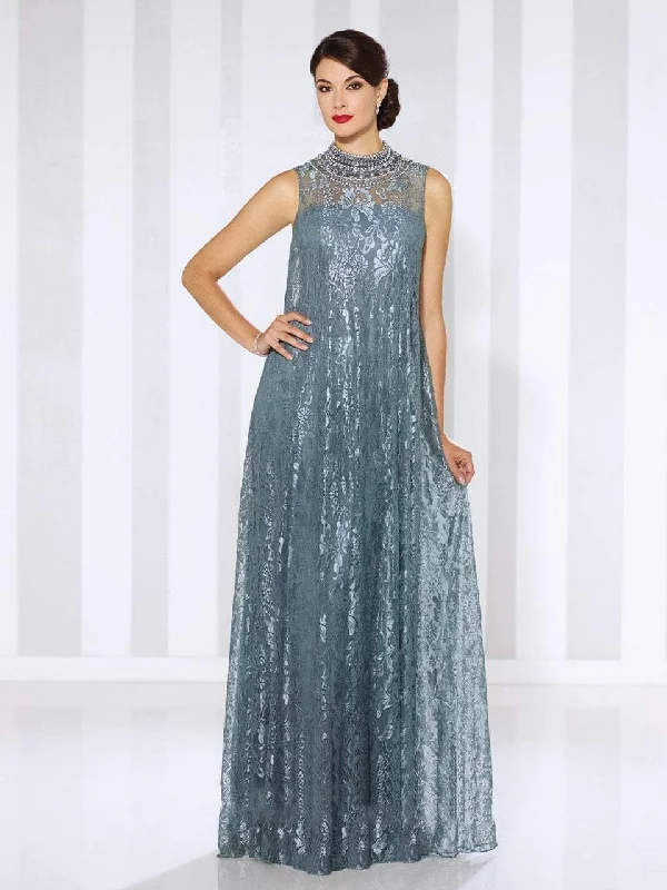 Women's Holiday Attire Cameron Blake by Mon Cheri - Illusion High Neck Lace Overskirt Gown 116670 - 1 pc Steel Gray in Size 14 Available