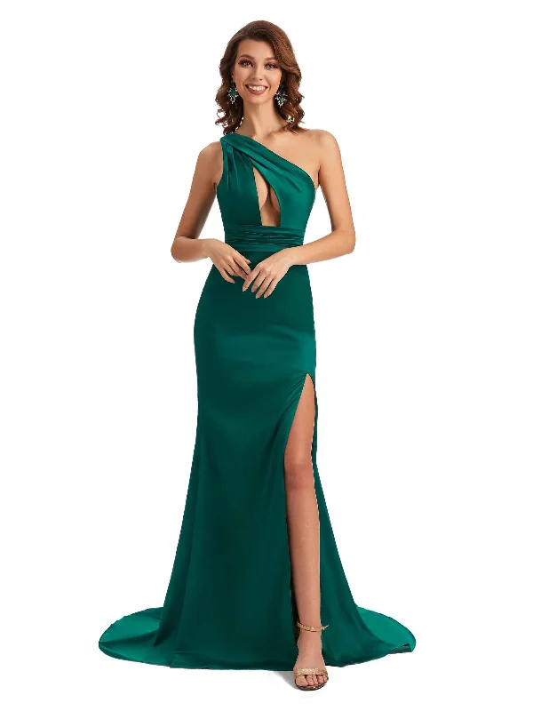 Women's High-Fashion Clothes Sexy One Shoulder Side Slit Mermaid Silky Satin Long Gown For Wedding Guest