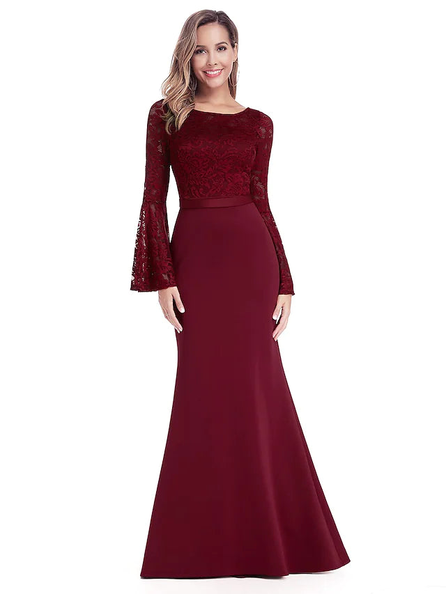 Women's Evening Apparel Evening Gown Minimalist Dress Wedding Guest Floor Length Long Sleeve Jewel Neck Chiffon with Appliques