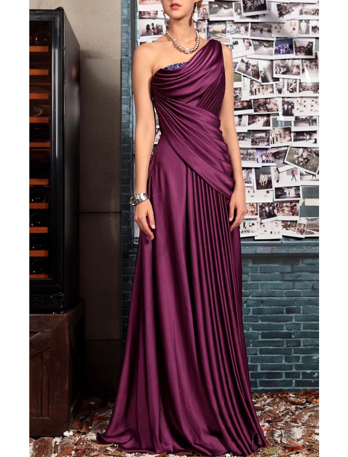 Women's Clothing For Holiday Travel Sheath Black Dress Evening Gown Elegant Dress Formal Evening Floor Length Sleeveless One Shoulder Fall Wedding Guest Satin Backless with Pleats Crystals Draping