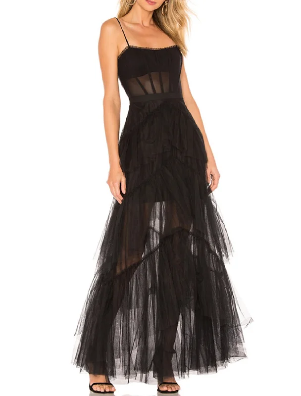 Women's Casual Garments A-Line Prom Dresses Corsets Black Dress Wedding Party Floor Length Sleeveless Spaghetti Strap Tulle with Fringe