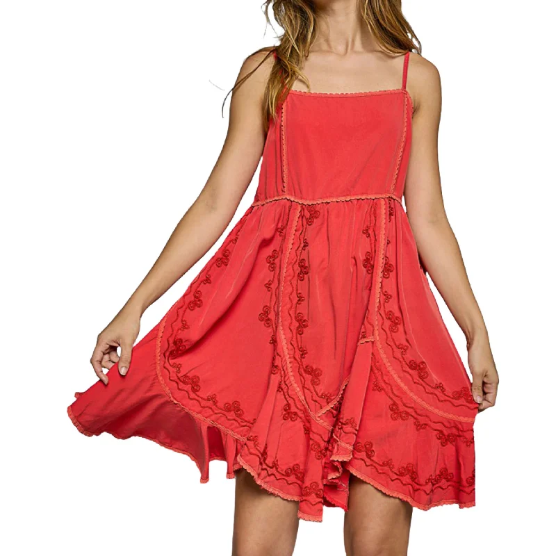 Women's Clothing Outfit Set Pol Women's Red Embroidered Sleeveless Mini Dress