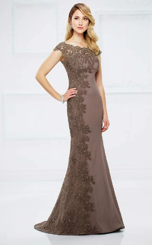 Women's Travel Outfit Set Montage by Mon Cheri - 217948 Bateau Neck Beaded Lace Trumpet Gown  - 1 pc Mocha in Size 6 Available