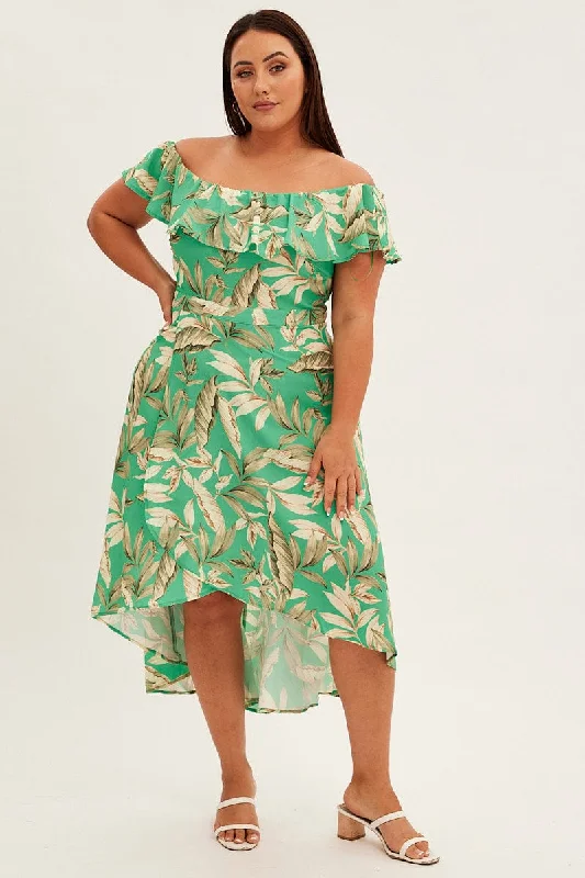 Tailored Clothing For Women Green Floral Maxi Dress Off Shoulder Crepe