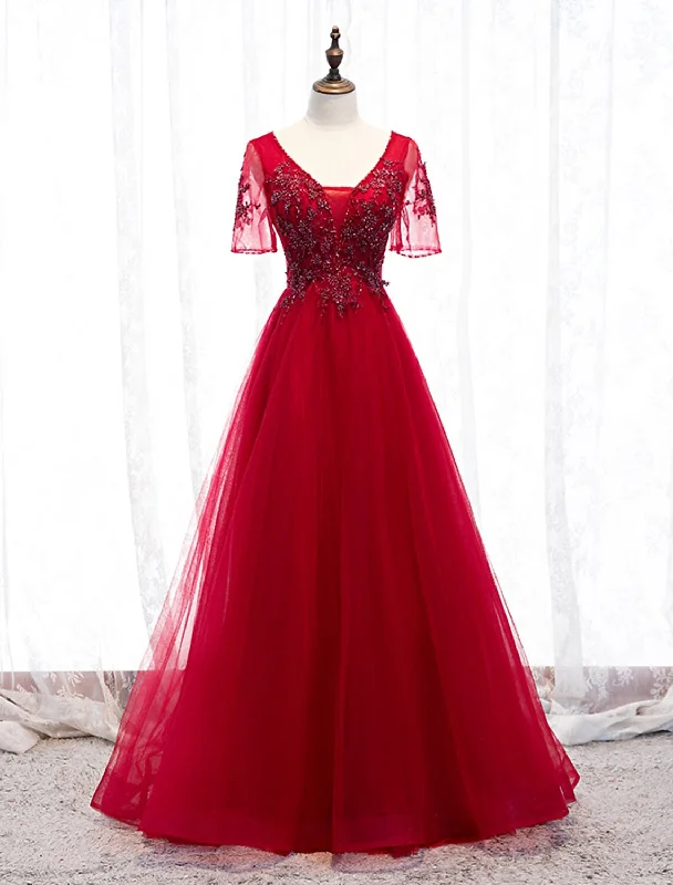 Women's Holiday Clothing A-Line Prom Dresses Luxurious Dress Wedding Guest Formal Evening Floor Length Short Sleeve Spaghetti Strap Tulle with Beading Appliques