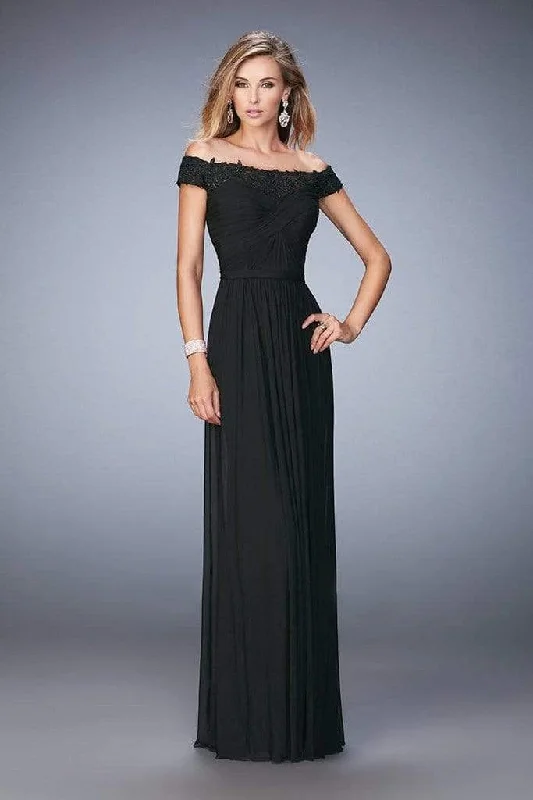 Women's Clothing For Holiday Travel La Femme Ruched Off Shoulder Criss Cross Evening Gown 21979SC - 1 pc Black In Size 2 Available