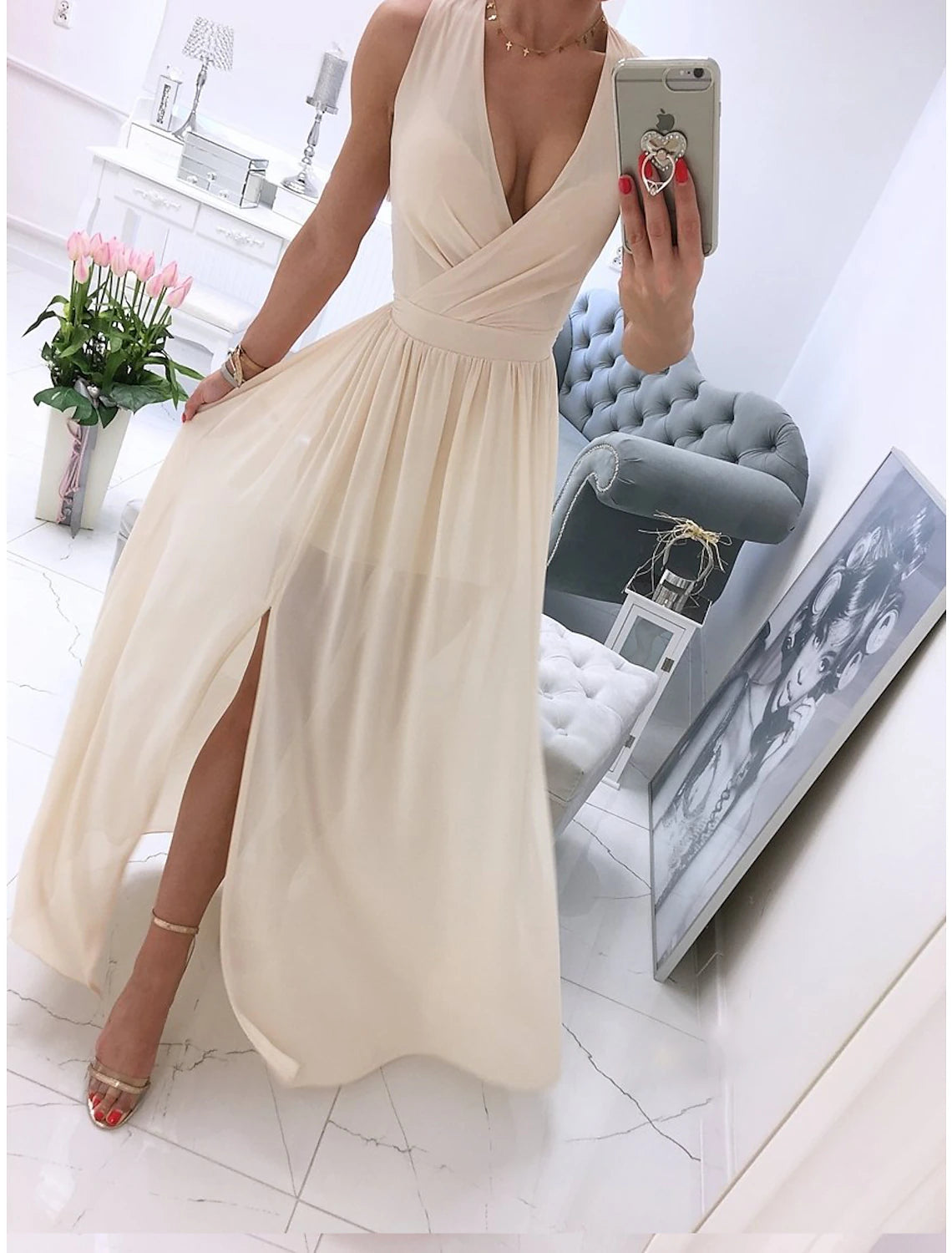 Women's Attire Women's Party Dress Holiday Dress Swing Dress Long Dress Maxi Dress Leather Pink White Light Green Sleeveless Pure Color Split Spring Summer V Neck Vacation Party Wedding Guest Date