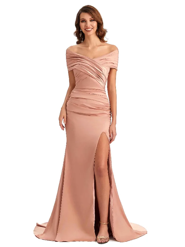 Stylish Women's Garments Sexy Off The Shoulder Side Slit Mermaid Satin Unique Long Formal Wedding Guest Dresses