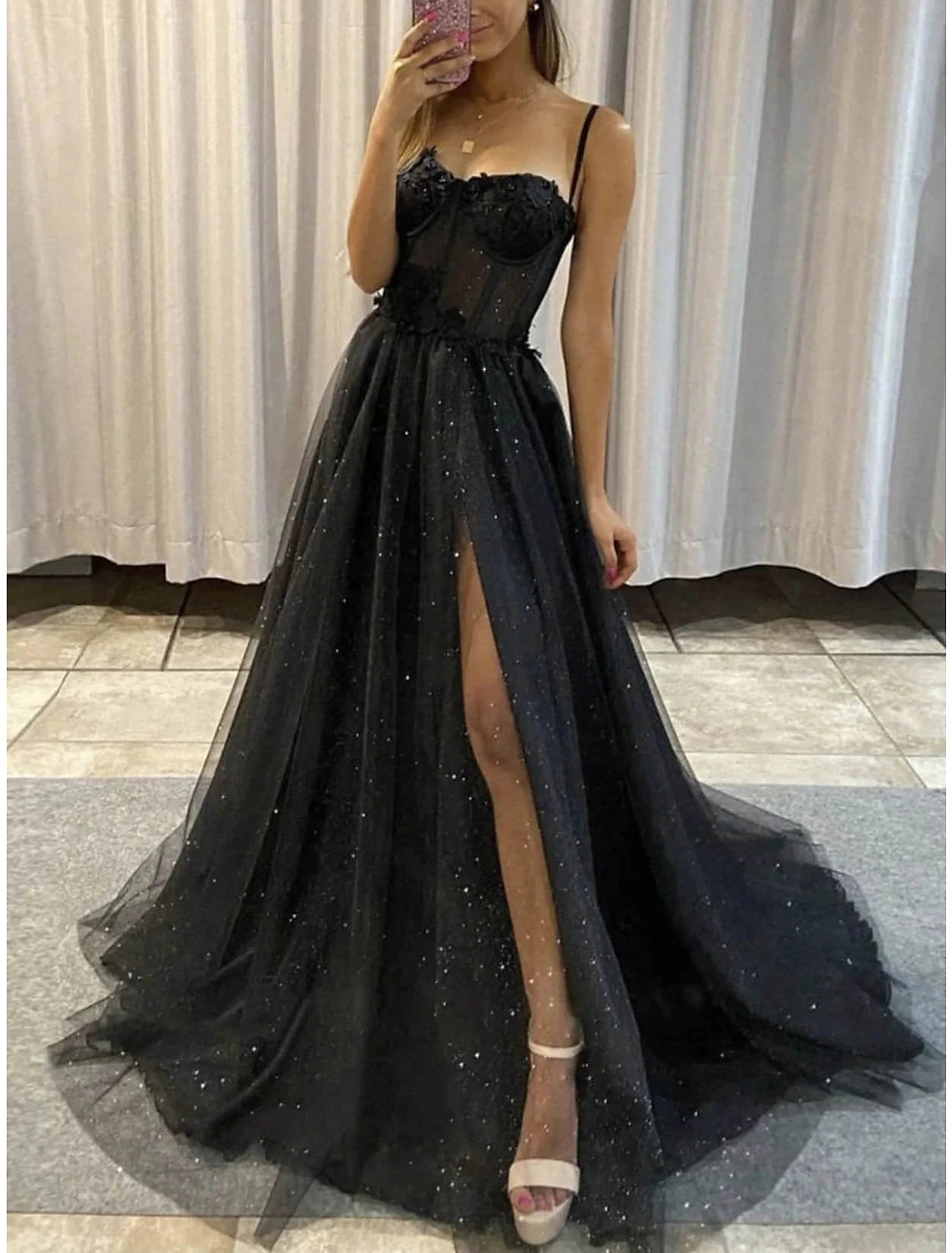 Women's Activewear Apparel A-Line Prom Dresses Glitter Black Dress Plus Size Wedding Dresses Formal Gothic Dress Floor Length Sleeveless Sweetheart Spaghetti Tulle with Slit