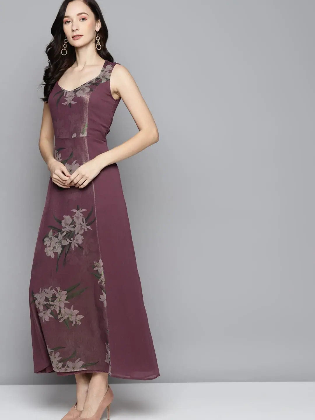 Women's Vacation Attire Purple Floral Chiffon Sweetheart Neck Maxi