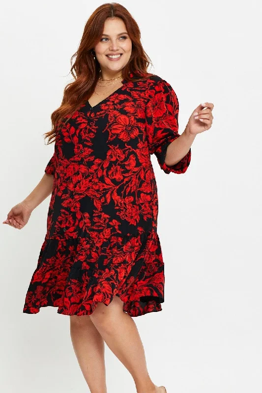 Women's Vintage-Inspired Clothing Floral Print Skater Dress V-neck Three-Quarter Sleeve