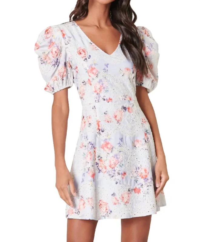 Women's Contemporary Apparel Rosalia Floral Eyelet Mini Dress In Blue Multi