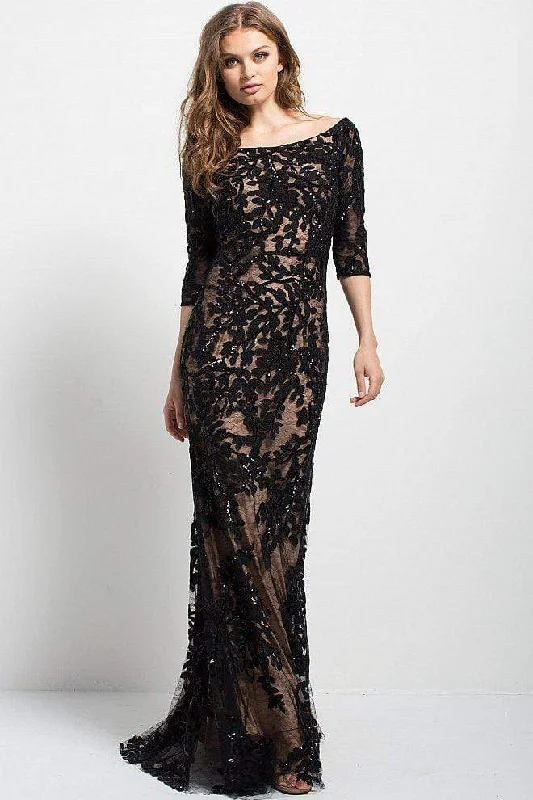 Women's Luxury Garments Jovani - Lace Quarter Length Sleeve Bateau Gown 49636  - 1 pc Black/Nude In Size 24 Available