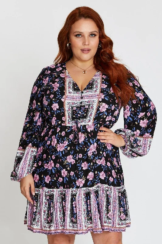 Sustainable Women's Clothes Floral Print Long Sleeve Boho Print Button Tiered Dress