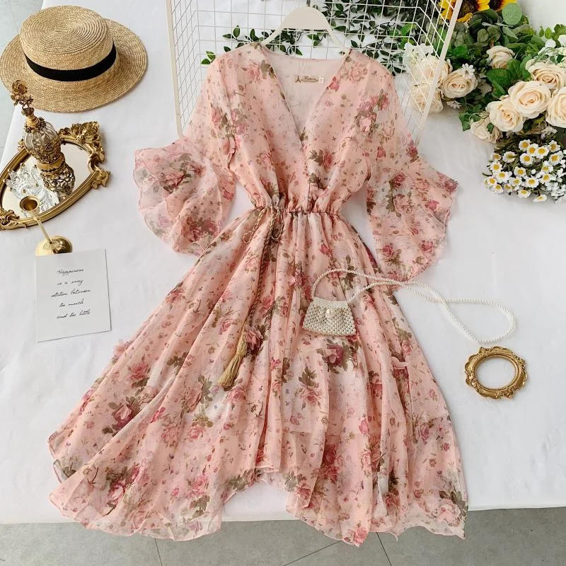 Women's Cozy Clothes A line v neck floral dress fashion dress S01