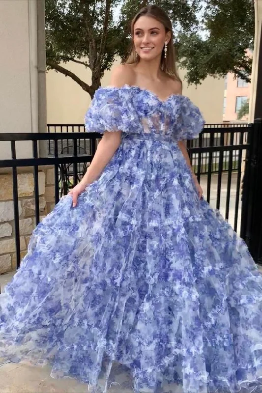 Women's Luxury Garments Off the Shoulder Floral Print Ruffled Tulle Prom Dress gh2897